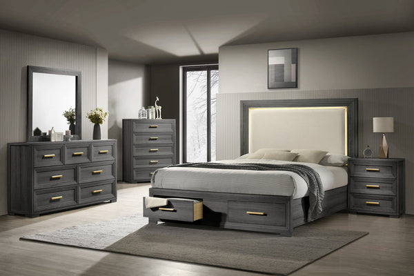 English Elm Colorado King Bedroom Set with Led Upholstered Headboard and Charcoal Wood Finish B009S02323
