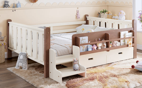 English Elm Twin Kids Platform Bed with Trundle Staircase Bookshelf and Rounded Safety Rails Beige W1580S00539