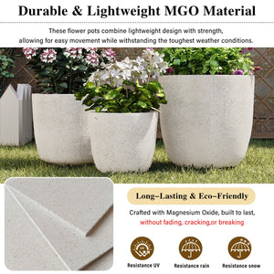 English Elm U_style Mgo Concrete Look Round Planters Set of 3 Lightweight Stackable Outdoor Pots White N711P406670A