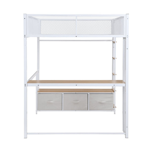 English Elm Full Metal Gaming Loft Bed with LED Lighting, Built-In Desk, Open Wardrobe and 3 Drawers for Space-Saving Comfort White GX001133AAK