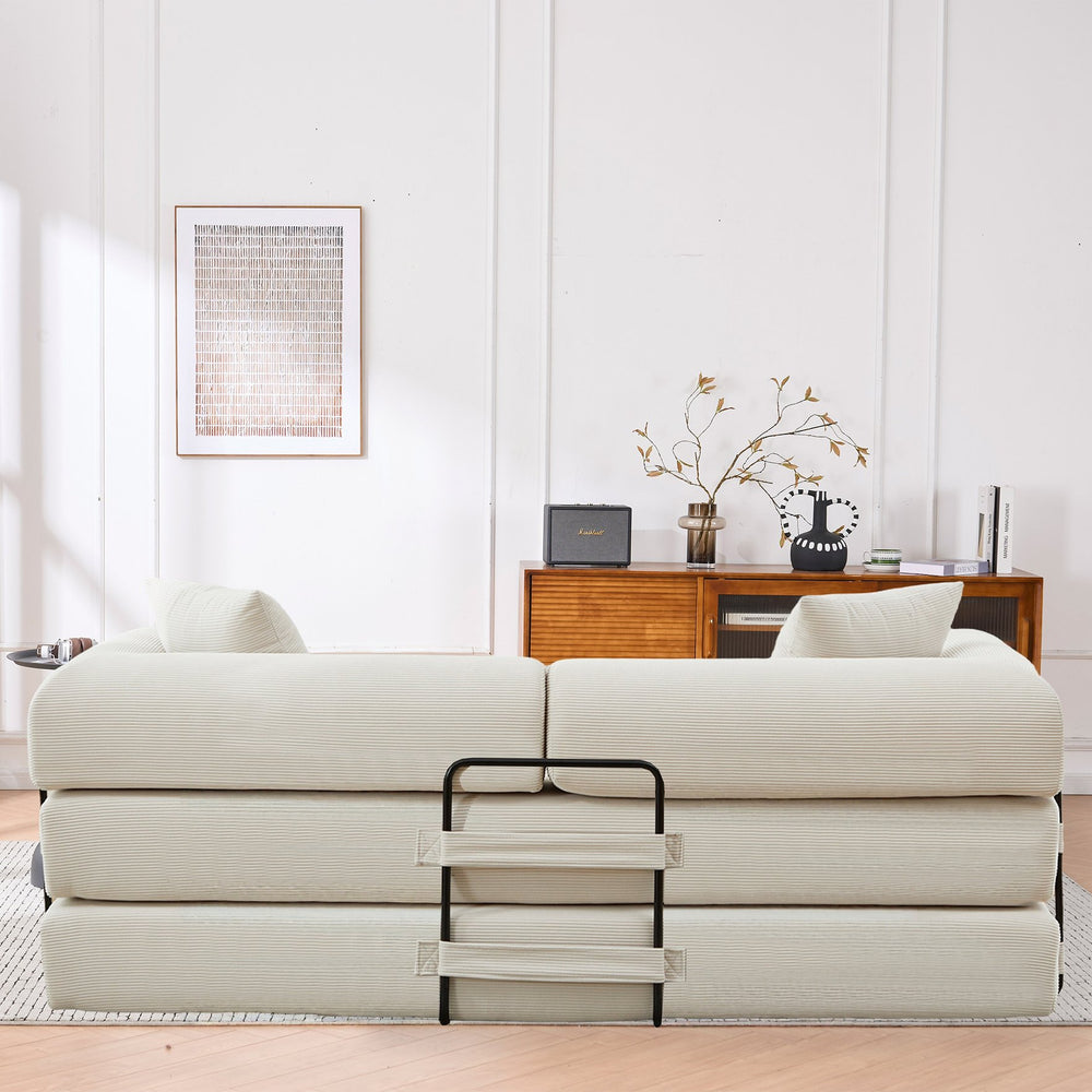 English Elm Folding Corduroy Futon Sofa Converts to Floor Mattress for Studio or Compact Living Beige W2915P391454