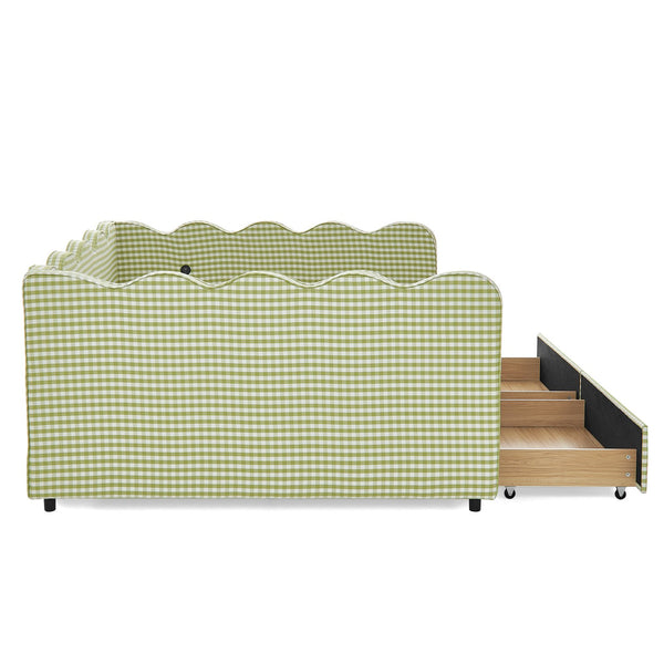 English Elm Queen Gingham Linen Daybed with Wave Backrest Two Storage Drawers and Usb Port Green W1413S00151