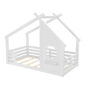 English Elm Twin House Bed Low Profile Pine Wood Frame with Shelf Montessori Kids Floor Sleeping White W5305P429642