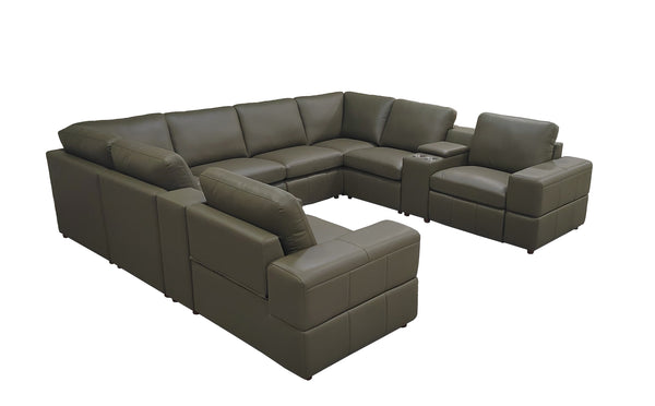 English Elm Premium Leather Match L-shaped Sectional with Dual Recliners and Built-in Console Olive Green B2748S00162