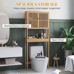 English Elm HOMCOM Bamboo Floor Cabinet Bathroom Organizer Tower with Shelved Storage, Slatted Doors & Elevated Base Natural Wood W2225P217003