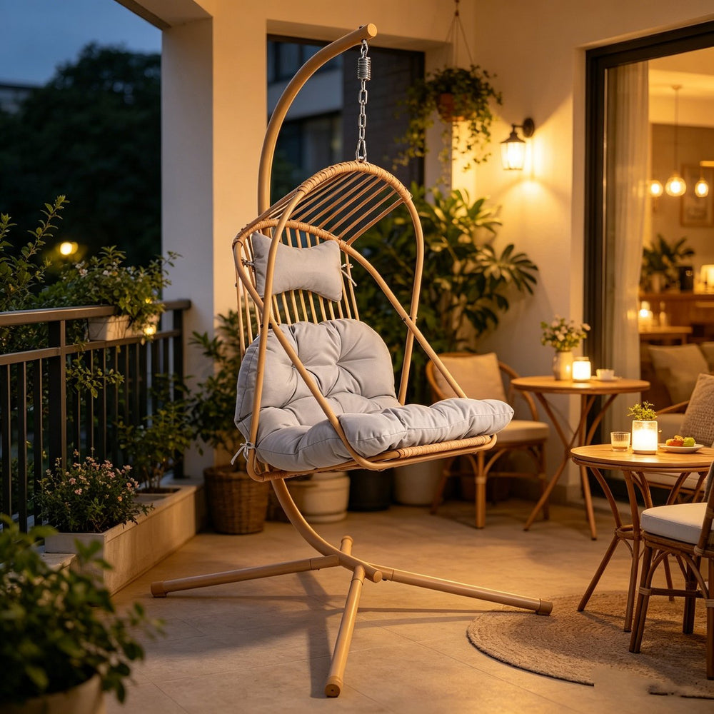 English Elm Hanging Egg Chair with Freestanding Steel Stand Rattan Cocoon Seat for Patio Balcony Yellow+Grey T5880P494886