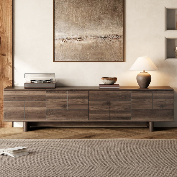 English Elm 78 Inch Low Profile Media Console with Pine Legs Soft Close Doors for Living Room N710P429519Q