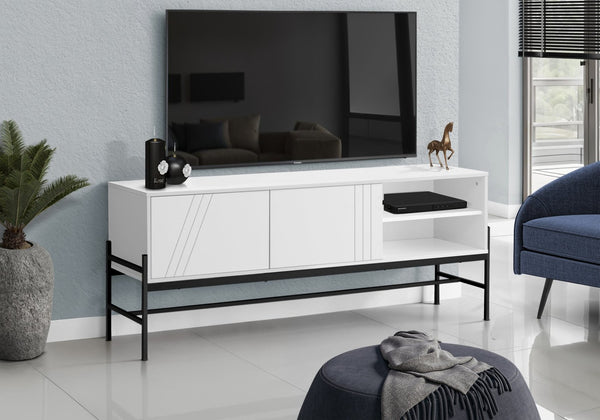 English Elm Tv Stand 60 Inch - Modern Media Console With White Laminate & Black Metal, Stylish Storage Solution B2710P219108-GIGA