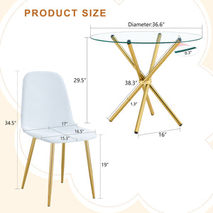 English Elm 4-Piece Modern Luxe Dining Set With Glass Table & Chic White-Gold Chairs For Stylish Interiors W1151S03683