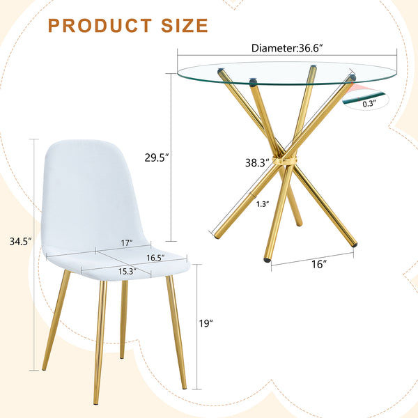 English Elm 4-Piece Modern Luxe Dining Set With Glass Table & Chic White-Gold Chairs For Stylish Interiors W1151S03683