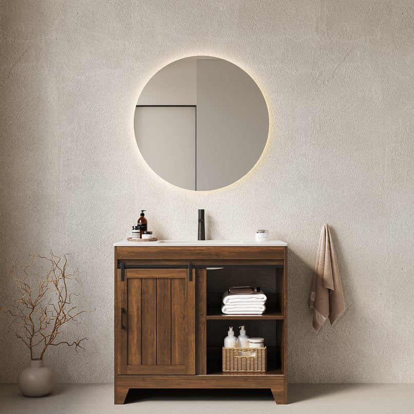 English Elm RIKA 36" Bathroom Vanity with Sintered Stone Countertop, Undermount Ceramic Basin, Walnut Farmhouse Charm W2615S00096