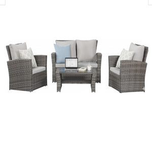 English Elm 4-piece Outdoor Wicker Conversation Set with Tempered Glass Table and Resort Style Grey+Brown B082S00059