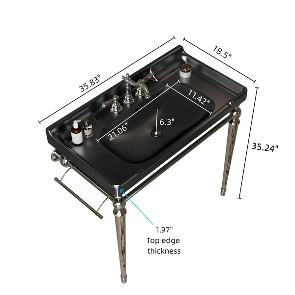 English Elm VICI 36" Bathroom Console Sink with Integrated Ceramic Basin, 3-Hole Faucet, Stainless Legs & Towel Bar Black,Chrome W2615S00117
