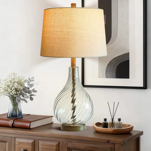 English Elm 28in Spiral Glass Column Table Lamp with Linen Shade for Bedroom or Office Decor W3355P443091