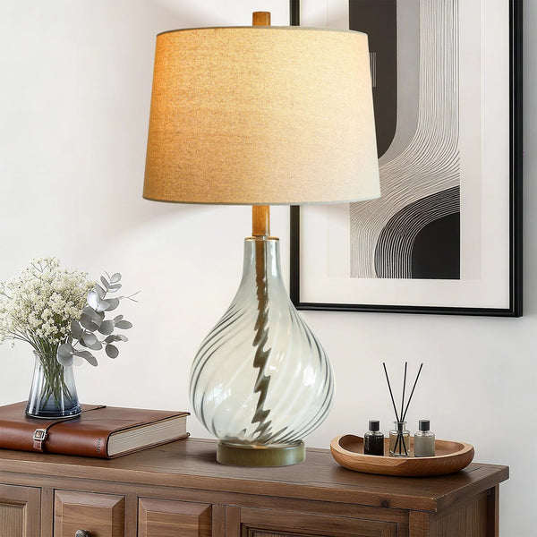 English Elm 28in Spiral Glass Column Table Lamp with Linen Shade for Bedroom or Office Decor W3355P443091