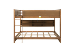 English Elm Queen Over Queen Floor Bunk Bed with Built-In Storage Shelves, USB Charging Station, Solid Pine Frame, Safety Rails and LadderDesigned for Space Saving and Modern Bedrooms Wheat W504S00259