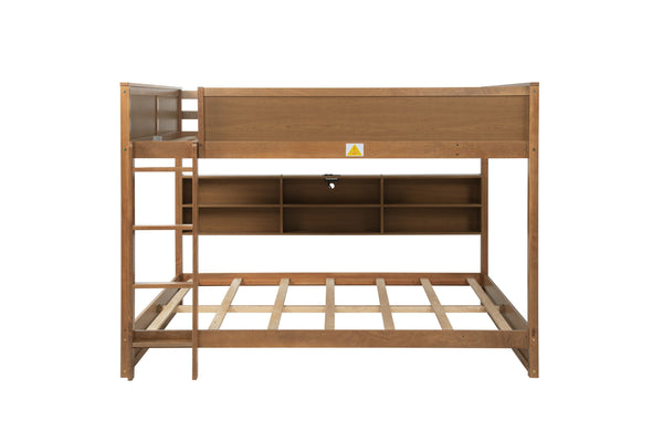 English Elm Queen Over Queen Floor Bunk Bed with Built-In Storage Shelves, USB Charging Station, Solid Pine Frame, Safety Rails and LadderDesigned for Space Saving and Modern Bedrooms Wheat W504S00259