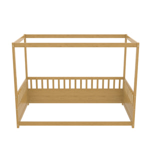 English Elm Twin Pine Canopy Bed Frame with Guardrails for Kids – Montessori Floor Bed with Four Poster Design and Cozy Decor Options Natural Wood W1858P252839