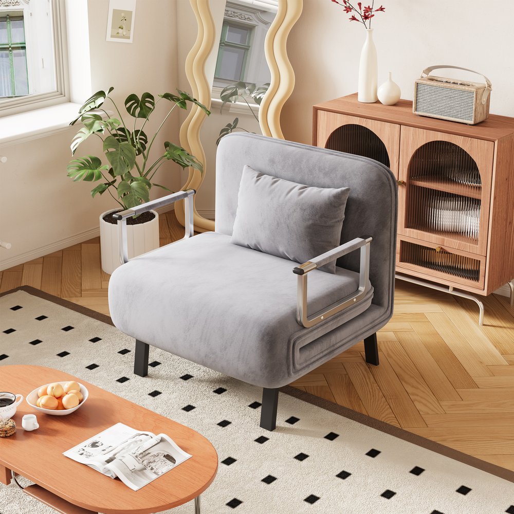 English Elm 31.5″ Convertible Chair Bed with Tri-Fold Design, Adjustable Backrest, Plush Pillow, Durable Frame for Home Comfort and Office Lounging Light Gray W1767P220576