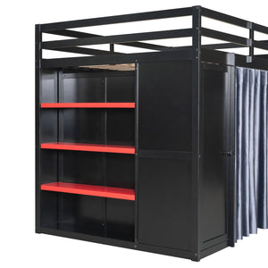 English Elm Full Size Wood Loft Bed with Wardrobe Desk Shelves Rgb Lighting and Blackout Curtains Black+Red LT000269AAJ-1
