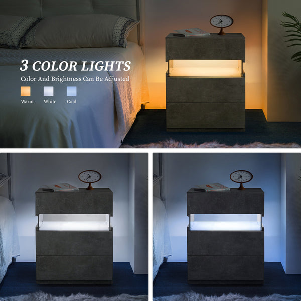 English Elm Led Nightstand with Rgb Acrylic Glow Panel Three Drawers Walnut Bedroom Table Gray W2178P412305