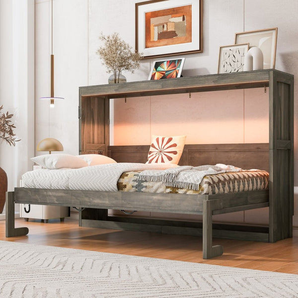 English Elm Twin Size Murphy Bed With Integrated Led Light - Space-Saving Foldable Cabinet For Stylish Living N7090004013D-GIGA