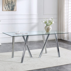 English Elm 71-inch Tempered Glass Dining Table Electroplated Metal Base Open Airy Modern Style White W3875S00005