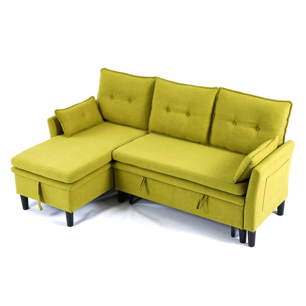 English Elm L-Shaped Reversible Chaise Sectional Sofa with Storage and Fold-Out Bed Cotton-Linen Modern Design Green W3371S00026