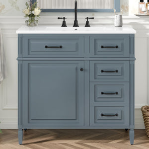 English Elm 36-Inch Modern Bathroom Vanity With Ceramic Sink Top, Storage Drawers, And Stylish Blue Gray Finish N725P350849E