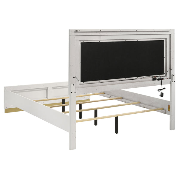 English Elm Sophia Queen Bed with LED Panel Headboard, White Okume Veneer, Light Grey Fabric, Modern Chic Design B062S00612