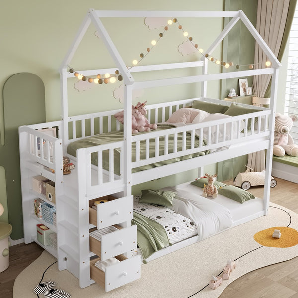 English Elm Twin/twin House Bunk Bed Solid Pine Playhouse Frame with Storage Drawers Shelves White W697S00032