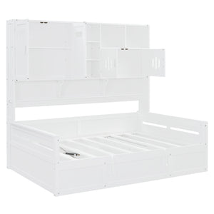 English Elm Full Size Wooden Daybed With Hydraulic Lift, Integrated Storage Cabinet & Stylish Shelving, White N820S00047K