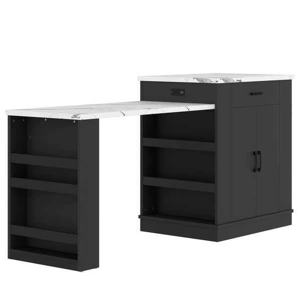 English Elm Extendable Kitchen Island Console with Open Shelving Drawers and Cabinet in Matte Black W1580S00274