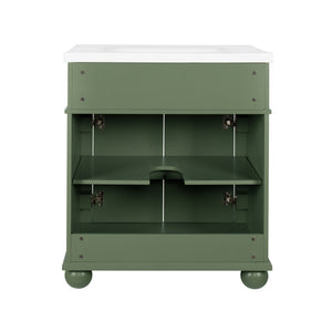 English Elm 27.8" Mid-century Freestanding Bathroom Vanity with Ceramic Sink Drawer and Wood Base Green W1801S00007