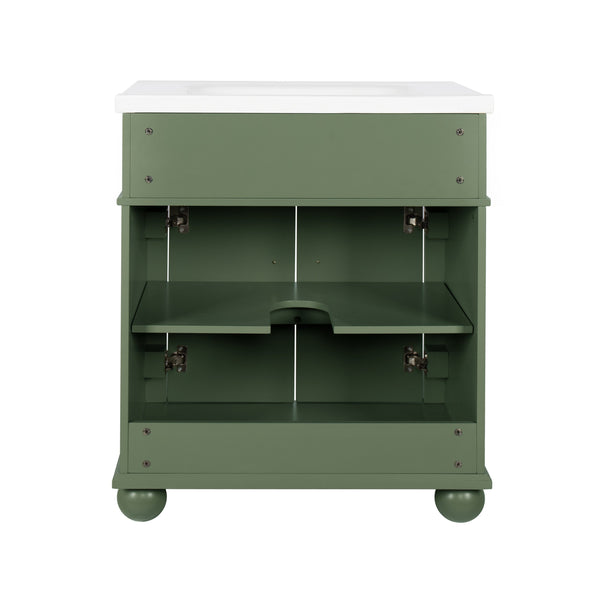 English Elm 27.8" Mid-century Freestanding Bathroom Vanity with Ceramic Sink Drawer and Wood Base Green W1801S00007