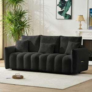 English Elm 78 Inch Teddy Velvet Three Seat Sofa Solid Wood Frame Plush Cushions for Living Room Black W2564S00125