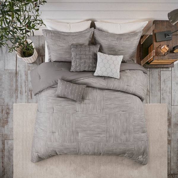 English Elm 7 Piece Printed Seersucker Comforter Set - Modern Grey Ensemble For Queen Bed With Decorative Pillows B03597114