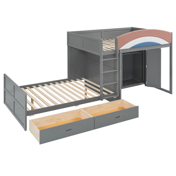 English Elm Full Size Offset Bunk Bed with Wardrobe Hanging Rod Drawers and Upholstered Rail Gray N820S00081E