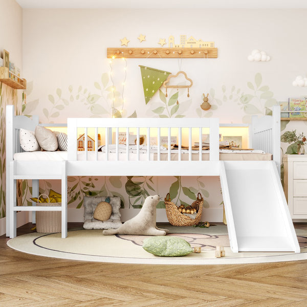 English Elm Twin Xl Solid Pine Loft Bed with Built-in Led Lighting and Storage Shelves Light White W1580S00364