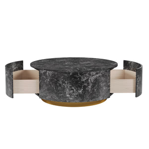 English Elm Tavola Round Coffee Table with Marble Pattern Top and Metal Legs, Two Drawers for Stylish Storage Grey B341P321161