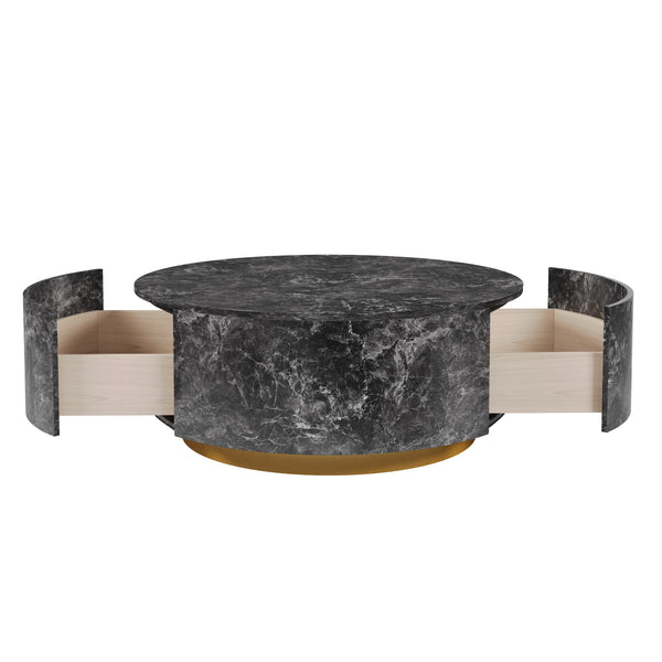English Elm Tavola Round Coffee Table with Marble Pattern Top and Metal Legs, Two Drawers for Stylish Storage Grey B341P321161