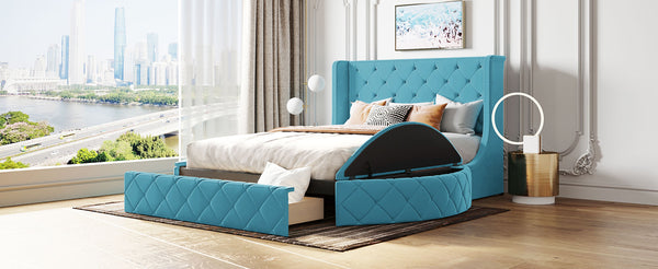 English Elm Upholstered Queen Platform Bed Velvet Wingback Storage Drawer with Side Stools LP100815AAC