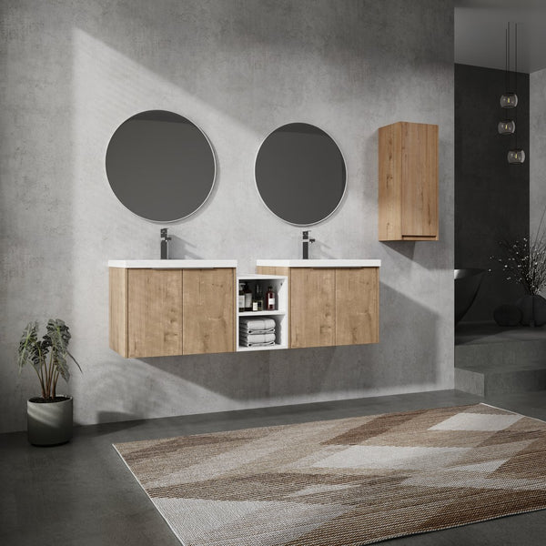 English Elm 60" Modern Wall-Mounted Bathroom Vanity Combo With Soft Close Doors, Dual Sinks & Side Cabinet Storage W999S00226