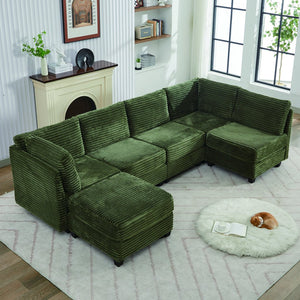 English Elm Corduroy Plush U-Shaped Sectional Sofa with Storage Ottoman, Pet-Friendly Durable Modular Comfort Green W2915S00065