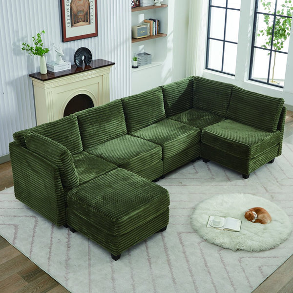 English Elm Corduroy Plush U-Shaped Sectional Sofa with Storage Ottoman, Pet-Friendly Durable Modular Comfort Green W2915S00065