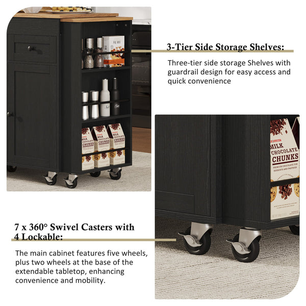 English Elm K&k Rolling Kitchen Island with Extendable Table Open Shelving and Built-in Power Outlet Black N707P360278B