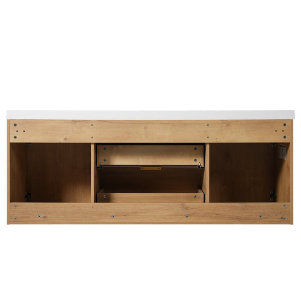 English Elm [video]59.3 Inch Wall Mounted Double Sink Vanity Wood Grain Mdf Soft Close Storage N729P000027N