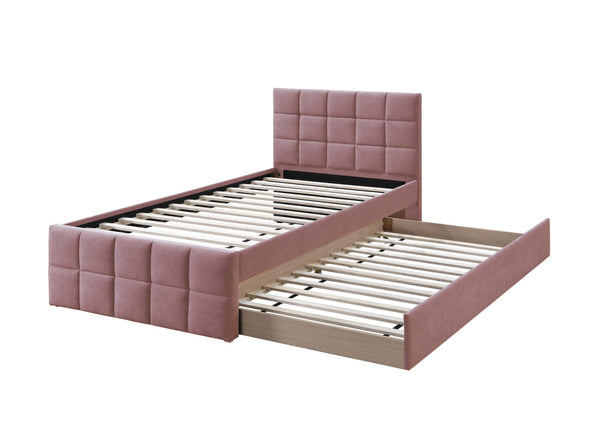 English Elm Contemporary Full Upholstered Trundle Bed Brushed Linen Grid Stitch Low Profile Frame Light Pink B011S02068