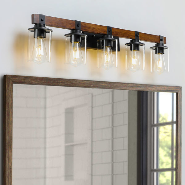 English Elm 35" Rustic 5-Light Vanity Light with Clear Glass Shades and Real Wood Accent, Industrial Farmhouse Fixture W2312P374784