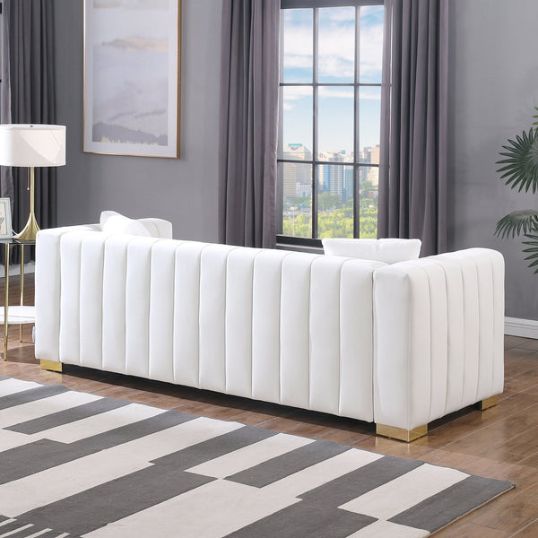 English Elm A Modern Channel Sofa - Elegant 3-Seater Chesterfield Style In White Velvet For Timeless Living Spaces W1099S00081